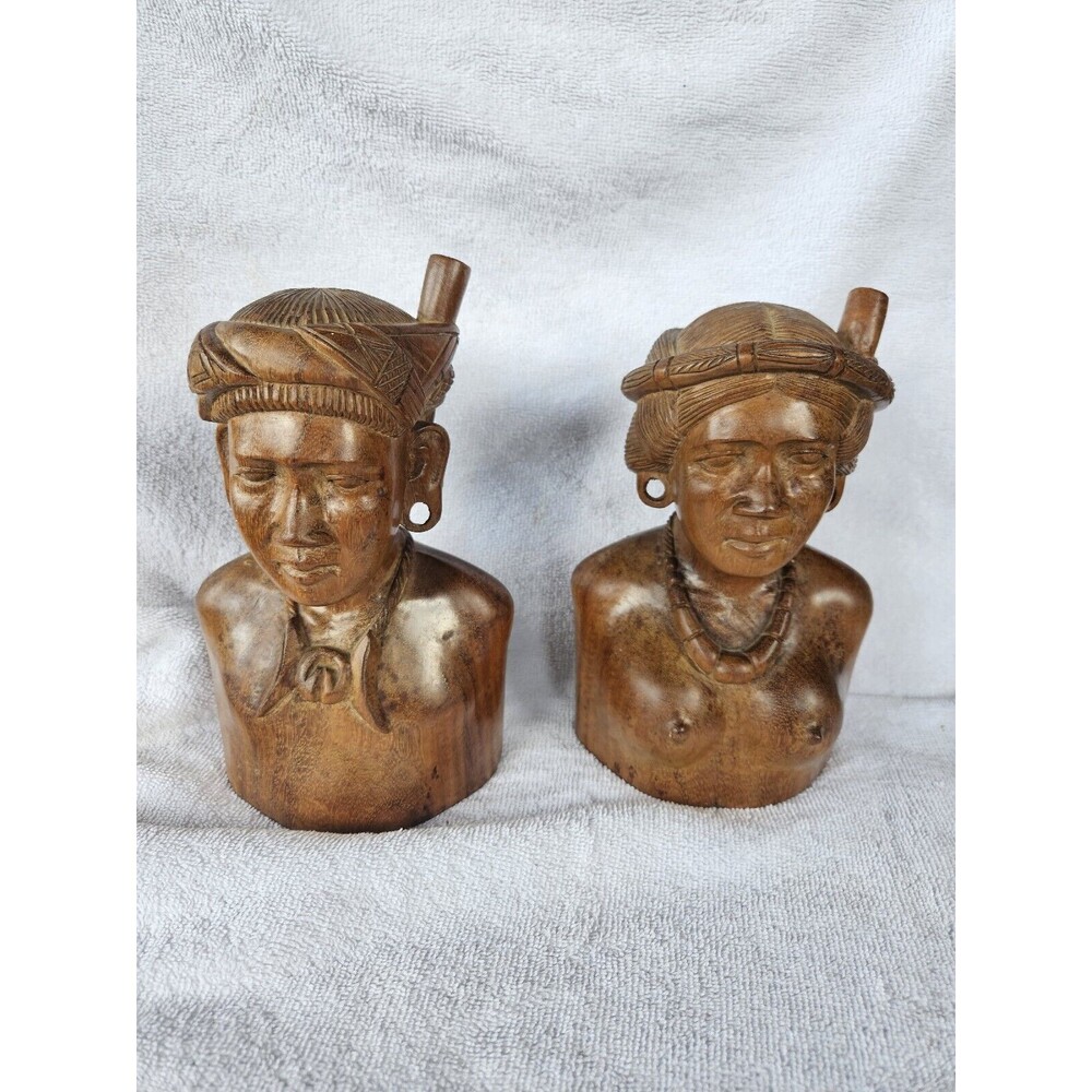 2 Beautiful Vintage Hand Carved Figure Native Warrior Male and Female Wood